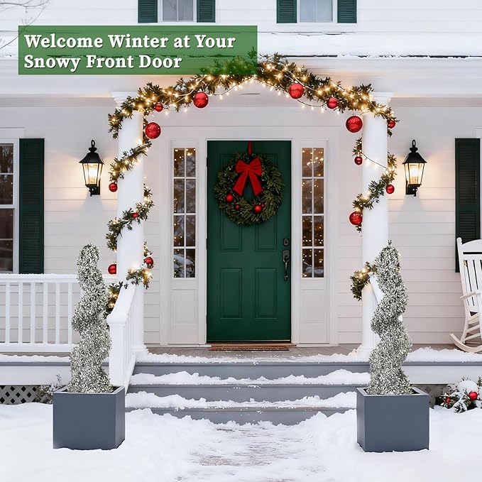 THE BLOOM TIMES 3ft Snow Flocked Spiral Topiary Trees Artificial Outdoor Set of 2, 36" Faux Fake Boxwood Plants for Front Porch Planter, Indoor or Covered Outside Display Decor 3 Foot