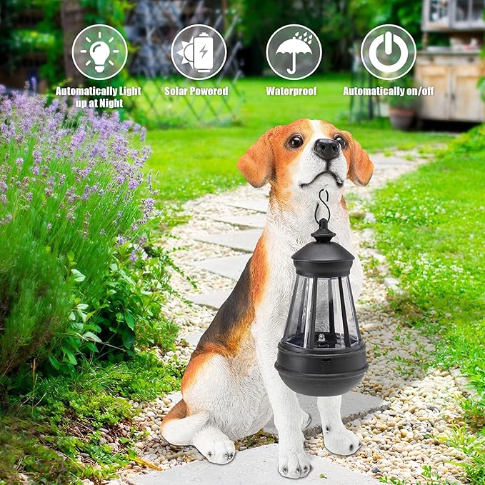 Garden Dog Statues Outdoor Decor, Solar Lights Outdoor Beagle Dog Statue Garden Decorations Solar Dog Ornaments for Patio, Lawn, Yard Art Decoration,Valentines Day Gifts, Housewarming Garden Gift