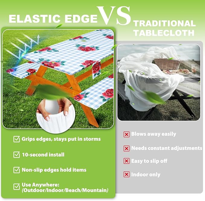 Fitted Picnic Table Cover with Bench Covers Set, Waterproof Lightweight Rectangle 96in Folding Table Cloths Canopy Shade Slipcover Cool Unique Fun Camping Gift for Camper Women Men Family Rv Owners