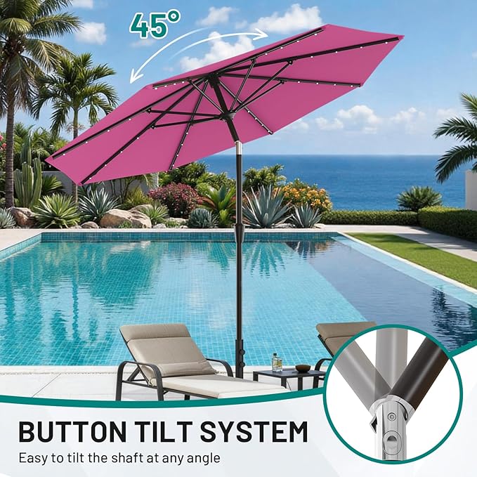 AreShark 9FT Patio Umbrella with Solar Lights, 32 LED Lighted Pool Umbrella w/Tilt and Crank, Outdoor Market Solar Umbrellas for Garden, Deck, Backyard, Pool and Beach, Rose Pink