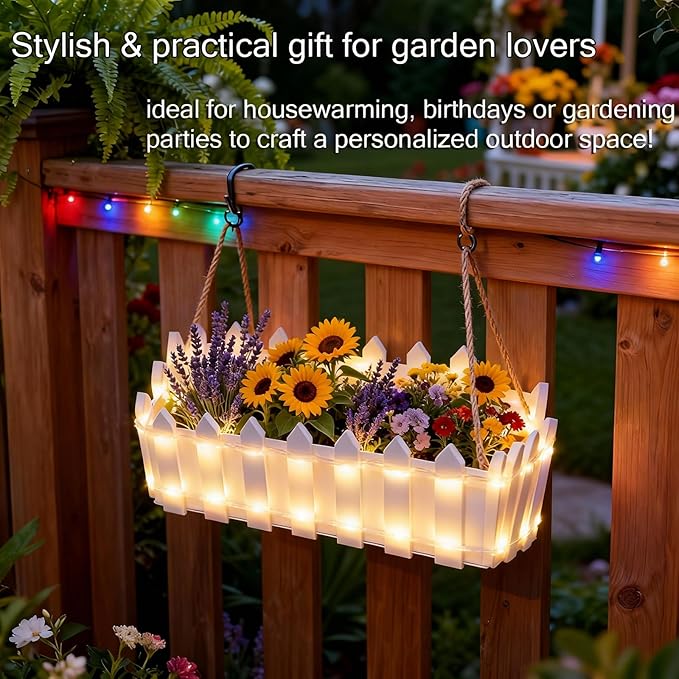 Solar Planter Lights Outdoor, 12-inch Rectangular LED Flower Pot with 8 Modes & Auto On/Off, IP65 Waterproof for Garden, Patio, Balcony, Pathway Decor, Gift for Garden Lovers (Warm White)