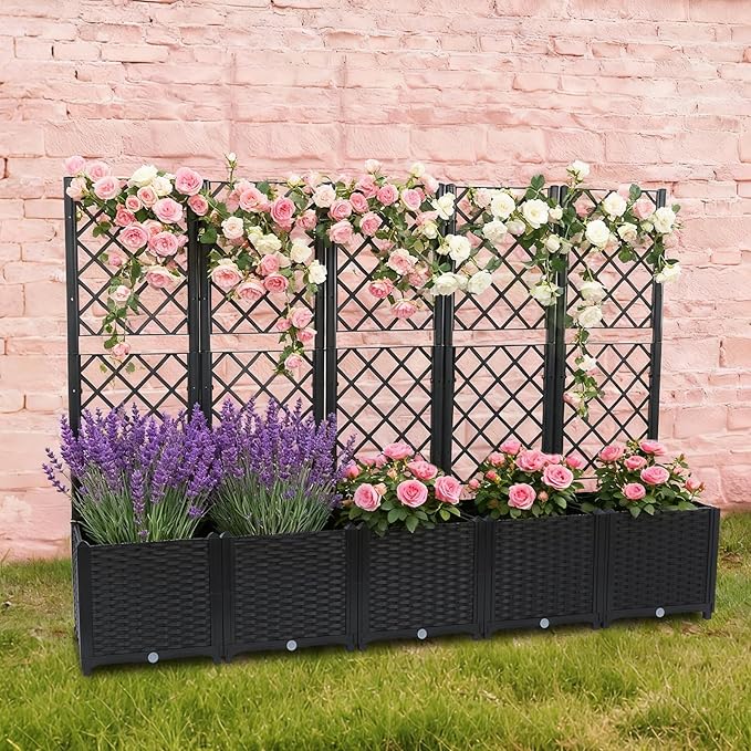 5PCS Raised Garden Bed with Treliis, Freestanding Garden Planter, Detachable Outdoor Planter Box, Vertical Garden Beds with Water Storage Mechanism for Climbing Growing, Backyard (Black)