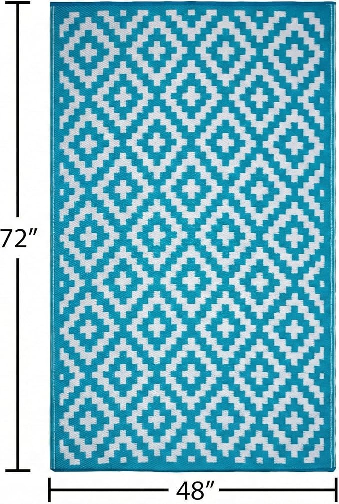 FH Home Outdoor Rug - Waterproof, Fade Resistant, Reversible - Premium Recycled Plastic - Geometric - Patio, Deck, Porch, Balcony, Laundry Room - Aztec - Teal & White Crease Free - 4 x 6 ft