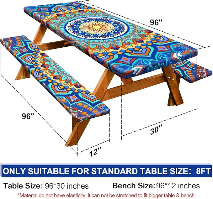 Picnic Table Cover with Bench Covers Camping Essentials Waterproof Windproof Camping Tablecloth with Drawstring Bag, Fitted Rectangle Tables and Seats, 96in, Yellow Blue Orange