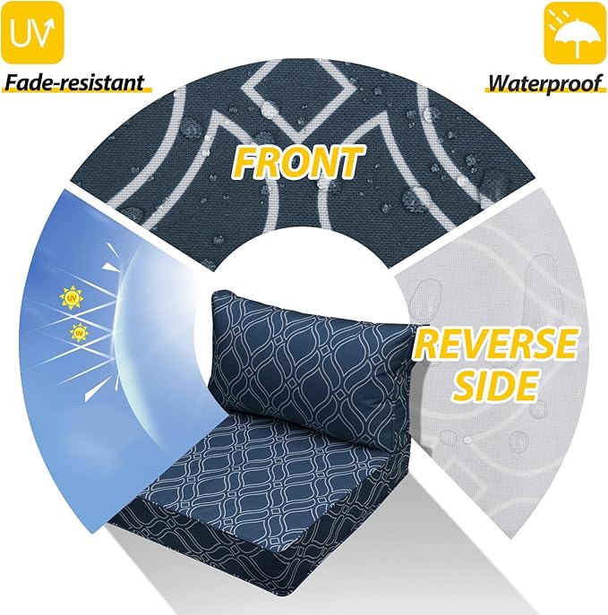 AAAAAcessories Outdoor Seat Cushions for Chairs, Fade-Resistant, Waterproof Patio Furniture Replacement Cushions, 23.5" x 25.5" x 5" + 23.5" x 13.5", Slate Blue Vine Trellis