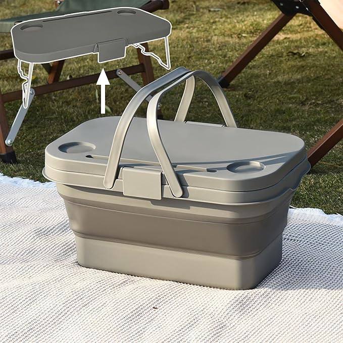 Collapsible Picnic Basket, Collapsible Picnic Basket with Handles (with Table Lid), Collapsible Garden Basket, Collapsible Harvest Basket for Camping, Beach, Hiking, and Outdoor Dining (Gray)
