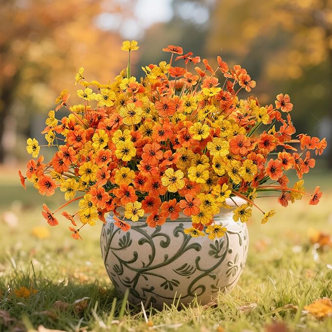 Artificial Mums Fall Fake Flowers for Outdoors, 12 Bundles Faux Mums for Outdoor Planters Autumn Decorations,UV Resistant Silk Flowers for Front Porch Garden Patio Home Decor(Fall-Orange Yellow)