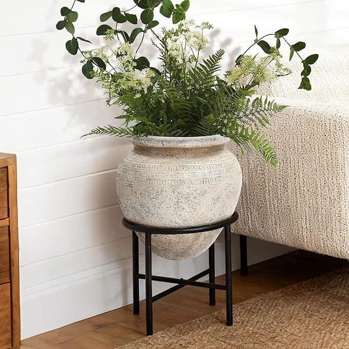 LuxenHome 17.5" Dia Large Planters for Indoor Plants, Indoor Plant Pots with Stand, Distressed Cachepot for Living Rooms, Entryway, Office