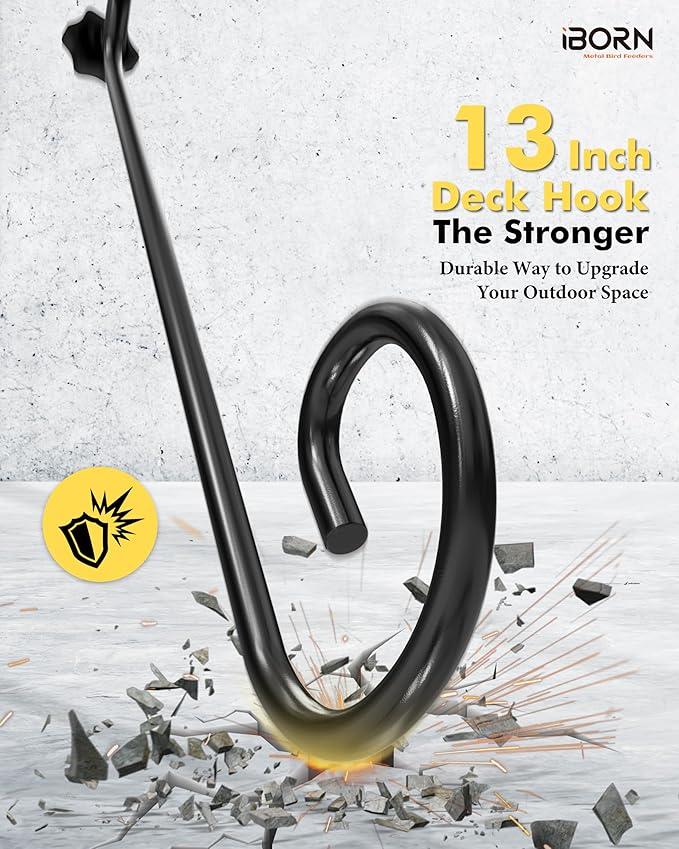 iBorn Deck Hook for Bird Feeder 13 Inch Hummingbird Feeder Hanger for Railing, Heavy Duty Deck Hanger for Planters, Suet Baskets, Lanterns, Wind Chimes, 360 Degree Swivel, Solid Wire, 2 Pack