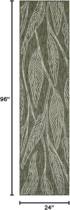 Unique Loom Outdoor Botanical Collection Area Rug - Leaf (2' x 8' Runner Green/Ivory)