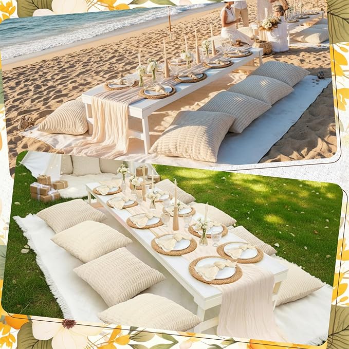 91 x 71 Extra Large Outdoor Boho Picnic Blanket with White Table Runner, 6 Throw Pillow Covers 6 Napkins Woven Cotton Yarn Oversize Beach Blanket Washable Picnic Camp Wedding