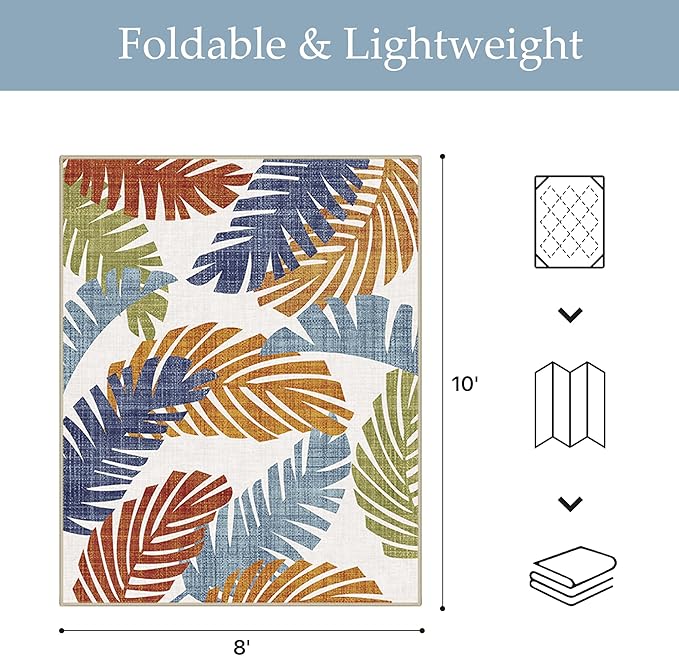 GENIMO Outdoor & Indoor Area Rug 8'x10', Waterproof, Non-Shedding, Easy Cleaning, Leaf Mat for Patio, Living Room, Balcony, Dining Room, RV, Deck, Bedroom, Camping, Outside Carpet, Tropical Rust