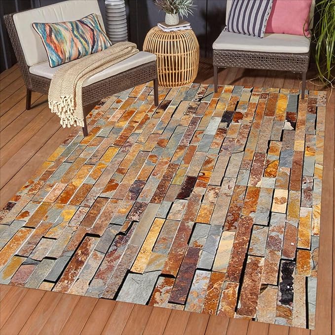 Rust Brown Yellow Stone Wall Texture Outdoor Area Rug for Patio Pool Deck Porch Balcony Garden 3D Visual Farmhouse Backyard Machine Washable Large Carpet 10x16 Non Slip Waterproof Outside Rugs Mat