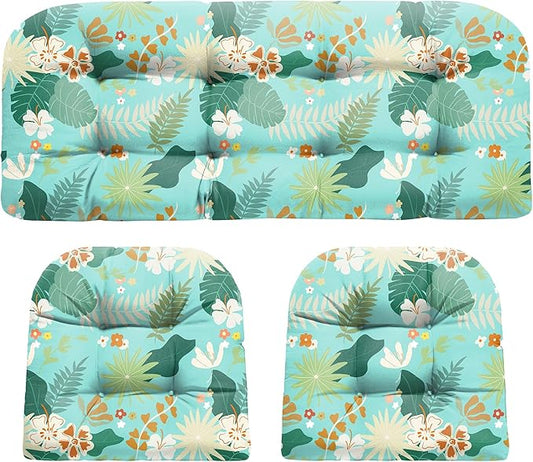 Wicker Chair Cushions, Waterproof Outdoor Loveseat Cushions for Patio Furniture, Tufted Wicker Furniture Cushions, 1 Loveseat and 2 U-Shaped Cushions (Cyan Flower)