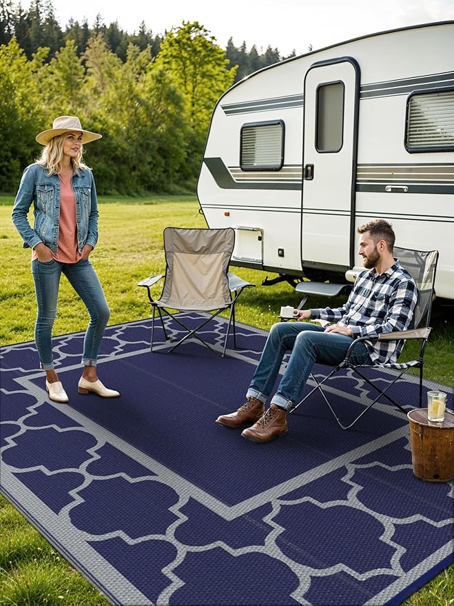 GENIMO Outdoor Rug 8' x 10' Patio Waterproof, Foldable Reversible Plastic Straw Area Rugs Mat for Camper Decor, Outside Carpet for Rv, Deck, Porch, Picnic, Beach, Balcony, Blue & Grey