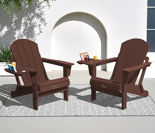 SERWALL Folding Adirondack Chair Set of 2, HIPS Adirondack Chairs with 4 in 1 Cup Holder, Weather Resistant Plastic Chairs for Patio Garden Outdoors Fire Pit-Coffee
