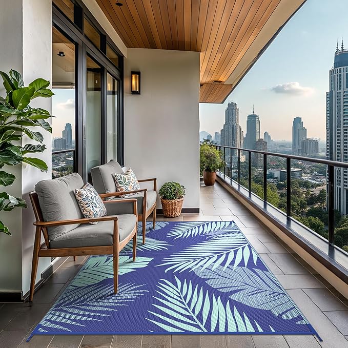 GENIMO Outdoor Rug 9' x 12' Waterproof for Patios Clearance, Reversible Outdoor Plastic Straw Camping Rug Carpet, Large Area Rugs Mats for RV, Camper, Deck, Balcony, Porch, Beach Royal Blue&Blue Green