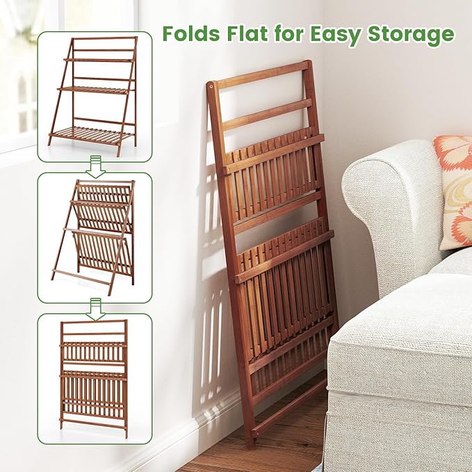 Plant Stand, 3 Tier Bamboo Ladder Plant Stand with Foldable Design, Anti-falling Crossbar, Freestanding Plant Shelf for Indoor Outdoor, Living Room Balcony Patio Garden