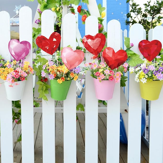 Bucherry 12 Pcs Valentine's Day Diamond Heart Shape Planter Stakes 3D Effect Heart Decorative Garden Yard Stakes Valentines Flower Pots Signs for Home Anniversary Party Outdoor Lawn Decor