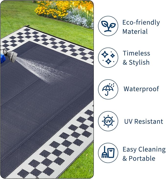 Garvee Outdoor Rug 10x14 Waterproof Fade-Proof Reversible Patio Rug Modern Neutral Outdoor Carpet, Plastic Straw Weather Resistant Large Camping Carpet for Garden Backyard Balcony,Navy & White