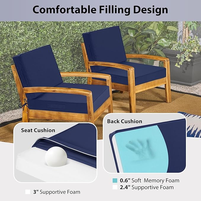 Waterproof Outdoor Chair Cushions 22x22, Memory Foam Outdoor Cushions for Patio Furniture with Removable Cover, Deep Seat Cushions for Outdoor Furniture with Ties and Handle, Navy