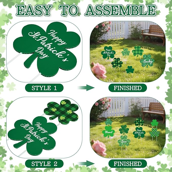12 Pcs St. Patrick's Day Planter Stakes Shamrock Shaped Garden Signs Outdoor Decorations Decorative Green Plaid Lucky Clover Yard Stakes for St. Patrick's Day Irish Home Lawn Patio Porch
