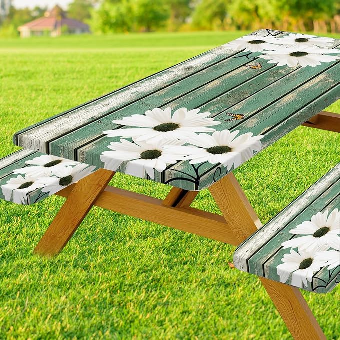 Picnic Table Cover with Bench Covers Daisy Flowers Wooden Floral Waterproof Windproof Fitted Outdoor Tablecloth with Elastic Rectangle Table Cloth Camping Accessories,96x30 Inch