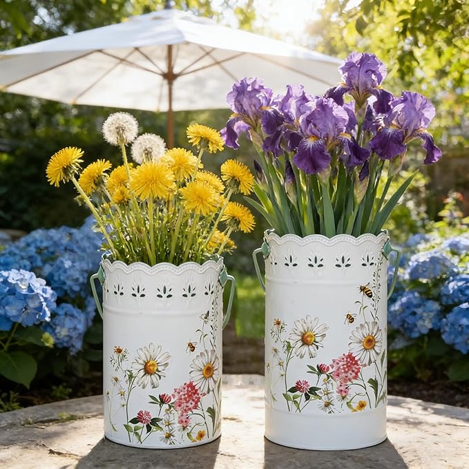 Set of 2 Farmhouse Floral Metal Flower Bucket Vase, Rustic Embossed Daisy Bee Design Planter with Hollowed-Edge, Decorative Pot for Indoor Outdoor Home Garden, Kitchen, Patio