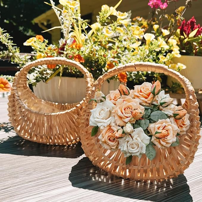 3 Pack Flower Girl Baskets Small Half Moon Wicker Basket with Handle Rattan Basket with Plastic Lining for Wedding, Picnic, Garden, Home Decor