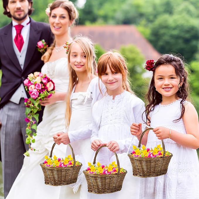 Barydat 6 Pcs Small Wicker Picnic Basket with Handle Flower Girl Baskets Oval Willow Woven Braided Gift Basket for Easter Weddings Baby Shower Home Garden Decor (Brown,12'' x 9'' x 5'')