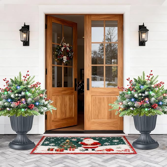2 Pack Artificial Christmas Urn Filler,20" MUL-ti Color 50 LED Outdoor/Indoor Trees with 8 Modes & Auto Timer,Waterproof Battery Box & Stakes,Includes Pine Cones & Red Berries for Holiday Decor