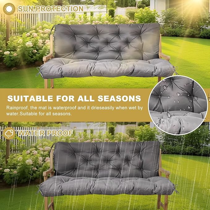 60" Porch Swing Cushion with Backrest, Waterproof Outdoor Bench Swing Cushions 3 Seater Replacement Thickened Swing Cushions with Ties for Patio Garden Backyard,Black,60x40in