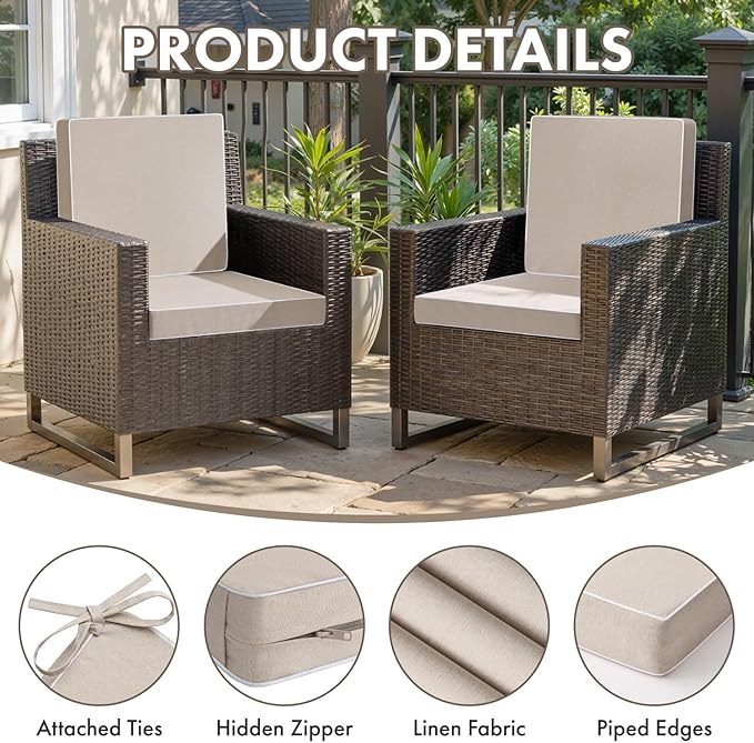 MIULEE Beige Outdoor Chair Cushions Set of 4, 17x16x2 Inch Waterproof Patio Seat Cushions for Outdoor Furniture Couch Sofa, 3 Year Color Fastness High Density Foam with Adjustable Ties