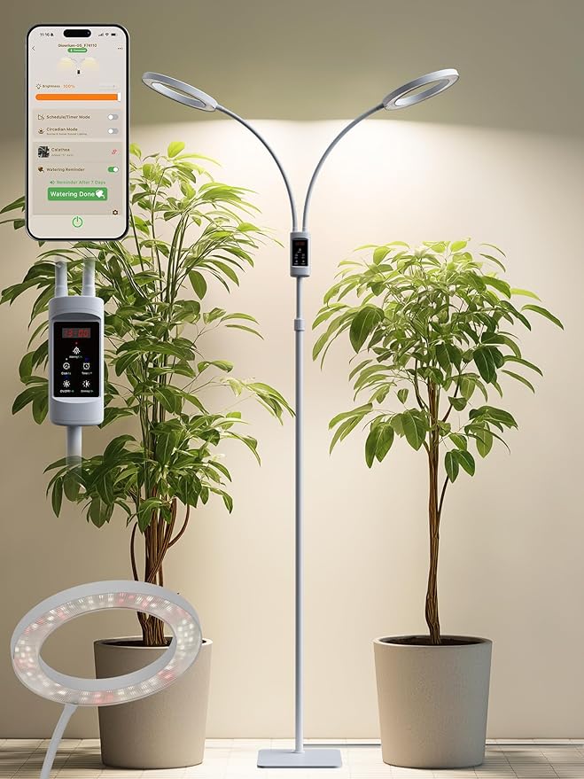 Smart Grow Lights for Indoor Plants, Plant Light with Auto-Timer, Full Spectrum LED Grow Light, Adjustable Height & Stepless Dimming,Plant Assistant Suitable for Most Plants (White, 48W)
