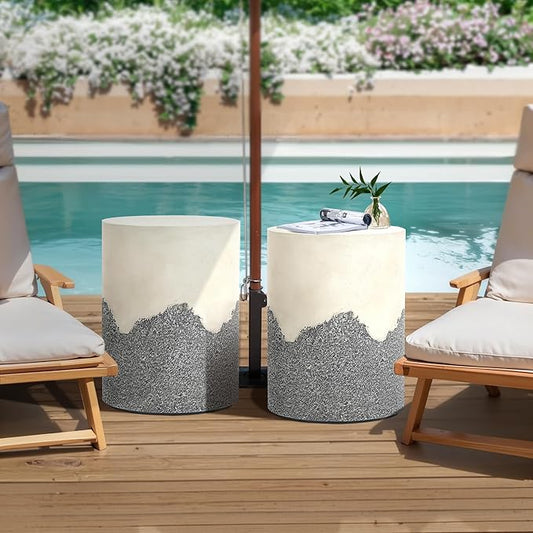 LuxenHome Gray and Cream Cement Round Outdoor Side Table, Set of 2