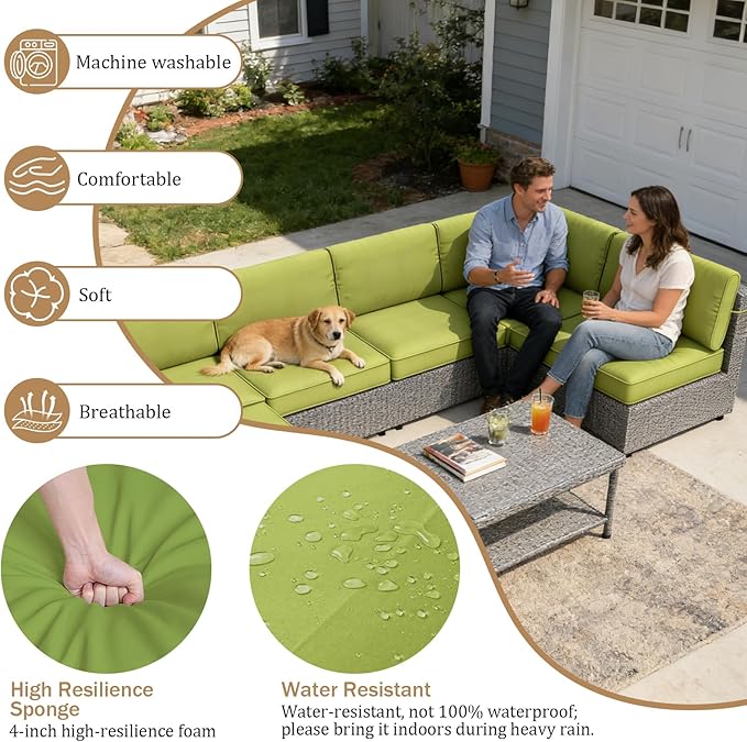 14 Pcs Outdoor Replacement Cushions for Patio Furniture, All Weather Water Resistant Cushion for 6 Seat Rattan Wicker Sectional Patio Conversation Sets and Couch (Light Green)