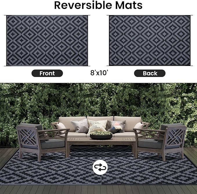 Smiry Waterproof Outdoor Rug 8x10 ft, Reversible Plastic Straw Patio Camping Rugs, Outdoor Indoor RV Mat Carpet for Patio, Outside Entry, Backyard, Deck, Bench, Picnic, Camper, Black & Grey