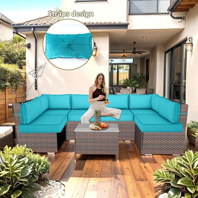 Outdoor Replacement Cushions for Patio Furniture,14-Piece Patio Water-Resistant Replacement Sofa Cushions,Fits 6-seat Sectional Rattan Conversation Set,Liner&Cover (Lake Blue)
