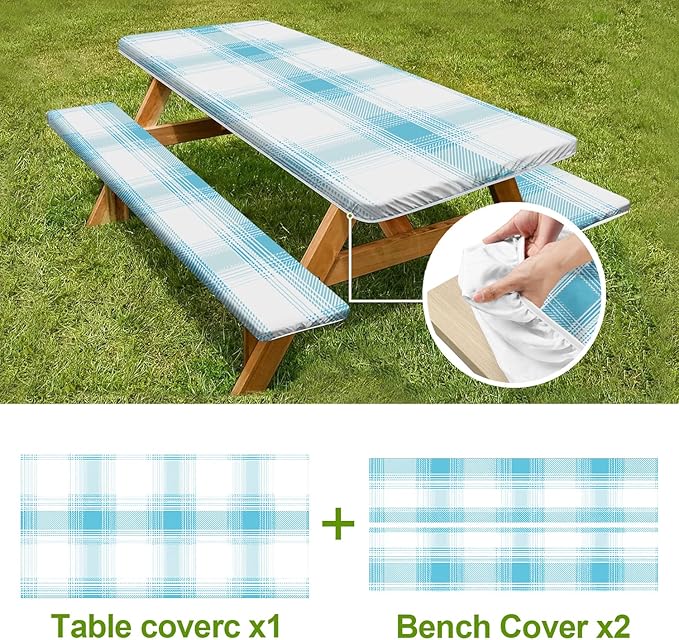 Picnic Table Cover with Bench Covers Set of 3 - Fresh Spring Check Light Blue Gingham Tablecloth, Elastic Fitted for 6 Ft Tables, Washable Polyester Cover for Patio, Indoor & Outdoor