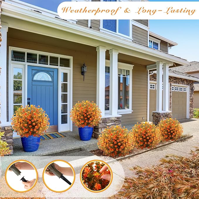 Yunlly 2 Pcs Outdoor Artificial Topiary Ball Trees 22" with Colorful Flowers, Boxwood Fake Bushes Shrubs with Spike, UV Resistant Evergreen Plants for Front Porch Garden Decor (Fall Orangegreen)