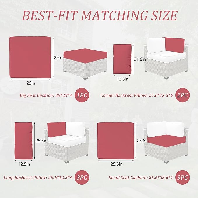 Outdoor Cushions for Patio Furniture with 5 Pillows, Waterproof Patio Furniture Cushions Replacement, 4" Deep Seat Outdoor Sectional Cushions for 4-seat Patio Furniture Chair Sofa Couch,Fuchsiared