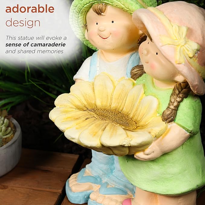 Alpine Corporation QWR1372 Boy and Girl Holding Sunflower Birdbath, Playful Child Statue with Birdbath, 17" H, Multicolor