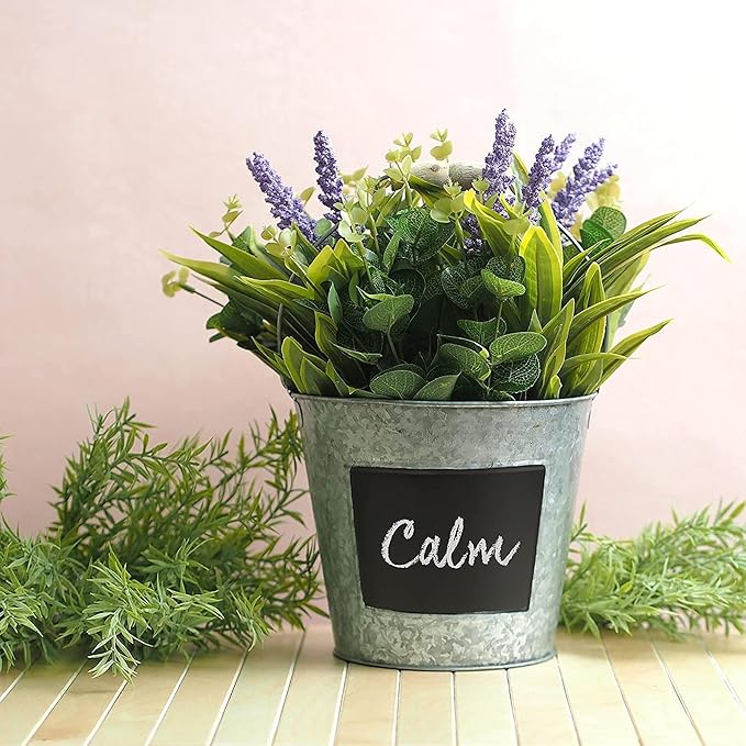 Hosley Galvanized Metal Chalkboard Bucket with Wooden Handle 7 Inch Dia – Set of 8 Rustic Farmhouse Floral Planter, Ideal for Home Décor, Office, Party, Wedding, Indoor, Outdoor or Tabletop Décor