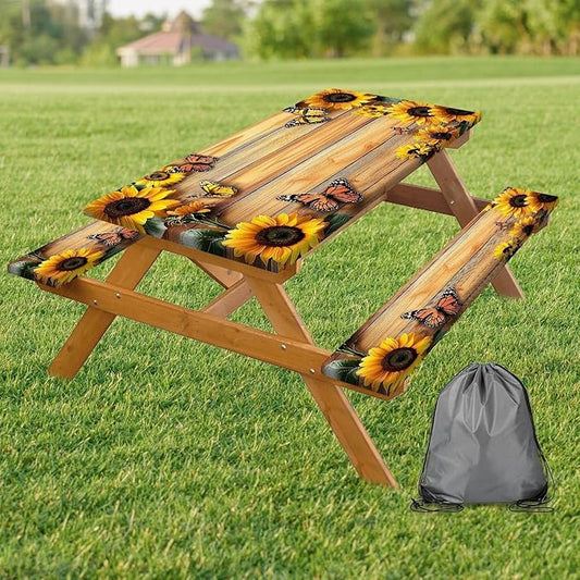 3PCS Picnic Table Cover with Bench Cover, Outdoor Patio Camping Essentials Farmhouse Sunflower Table Covers with Elastic Waterproof Camping Tablecloth with Drawstring Bag, 72In
