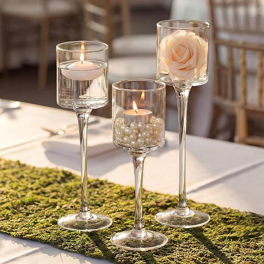 NUPTIO Tealight Candle Holders Glass: Set of 3 Long Stemmed Candle Stands for Dinner Table Centerpiece - Monet Candleholders Pillar Floating Candles
