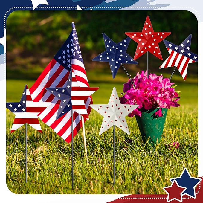 Pickmesh 6 Pcs 12" H Patriotic Metal Yard Sign Star Patriotic Garden Stake USA Flag American Yard Sign for Memorial Day Outdoor Decor 4th of July Independence Day Decoration