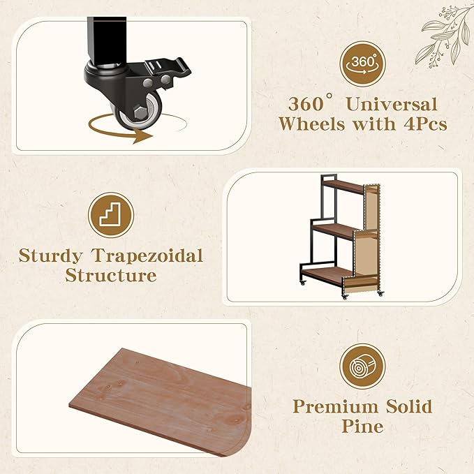 Flower Cart Display Stand with Wheels - Solid Wooden Plant Stand Shelf Outdoor - 3 Tier Patio Rolling Flower Stand - Ladder Folwer Holder Stand 37''x31'' for Florist, Garden, Wedding, Living Room, Cement Color