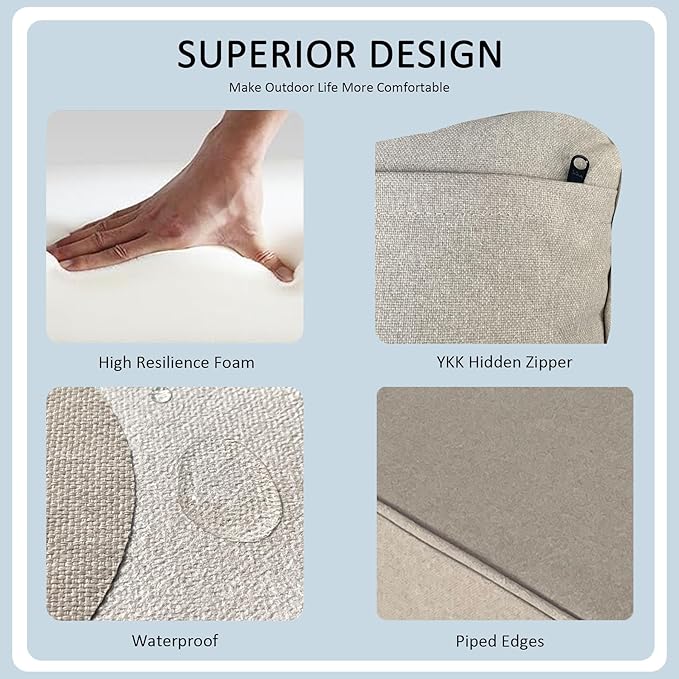 19"x19" Outdoor Universal Cushion Set of 1, Patio Cushions with Handles & Ties, Water-Proof Stain-Resistant UV Resistant Weather Resistant High Resilience Foam,Natural Linen