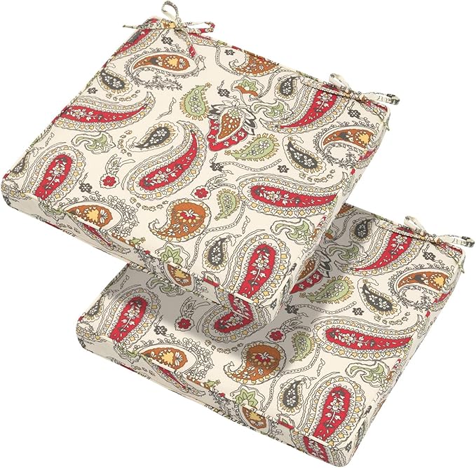 Magpie Fabrics Indoor Outdoor Waterproof Square Chair Cushion, 18" x 18" x 2.5", 2 Pack, Water Resistant Seat Cushions, for Patio Garden Office, Paisley Red Beige