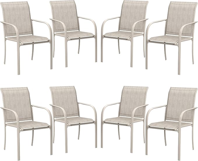 VICLLAX Patio Stackable Dining Chairs Set for 8, Outdoor Sling Chairs with Metal Frame for Front Porch Balcony Backyard Garden and Deck, Sandshell
